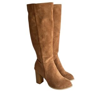 NEW Brown Suede Knee High Heeled Tall Boots Block Heel Tan 6.5 Women’s